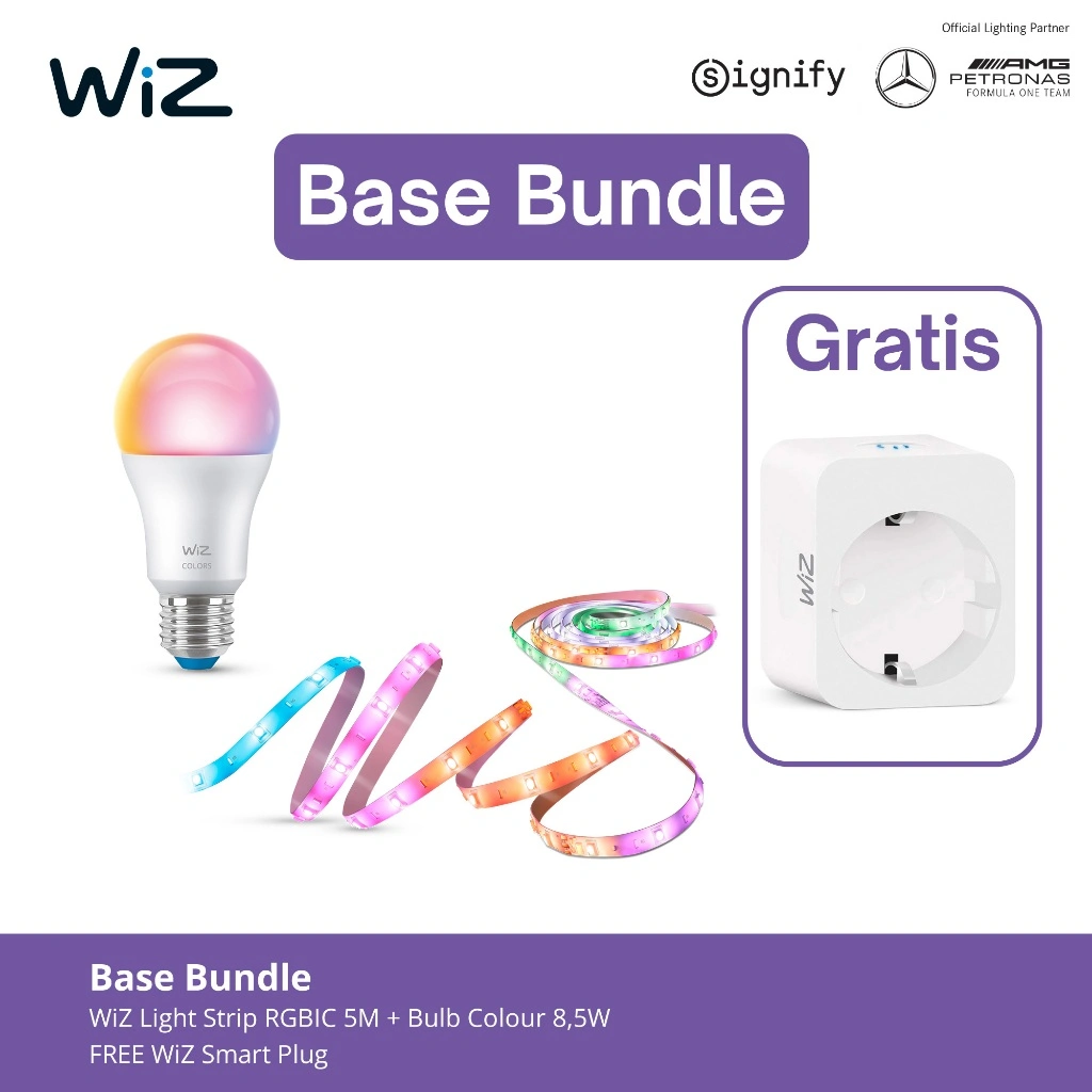 Paket WiZ Base Bundle Lampu LED Strip 5M RGBIC + Bulb 8,5W RGB Gratis Smart Plug