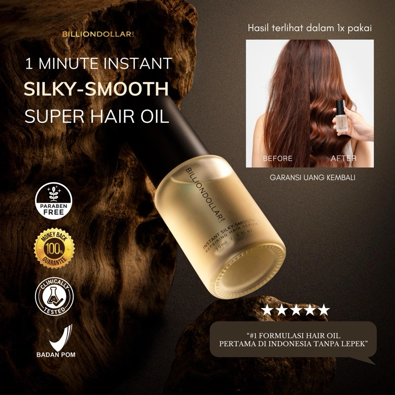 Billiondollarlab SUPER SMOOTH hair serum | Hair oil sebagai heat protectant / perlindungan panas untuk rambut kering, rusak atau kusam menjadi lembut | Anti-frizz hair vitamin (All hair type) | Serum rambut formulasi anti lepek & anti lengket