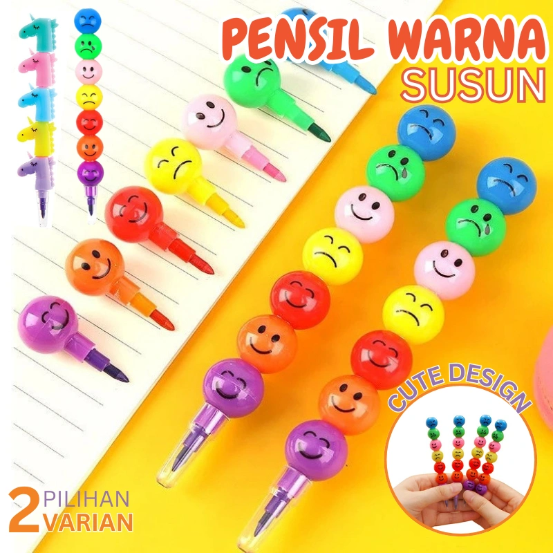 Pensil Warna Rainbow Susun Warna Susun Lucu Emoji Smiley Unicorn Kartun Karakter Warna-Warni