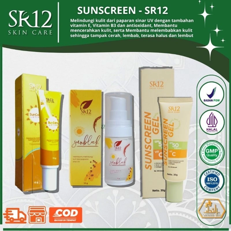 Sunscreen SR12 | Sunblock SR12 & Suncare Lotion SR12 | Perawatan Wajah SR12 Skincare | Membantu melindungi kulit dari paparan sinar UV | Suncare SPF 25++ | Sunblock SPF 30++ / Membantu mencerahkan kulit