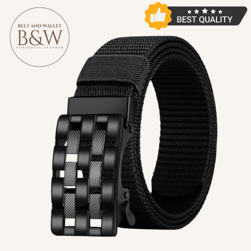 Sabuk Ikat Pinggang FBTP-02 Black Tali Canvas Tebal Kepala Gesper Besi Hitam Otomatis Elegant CHN3