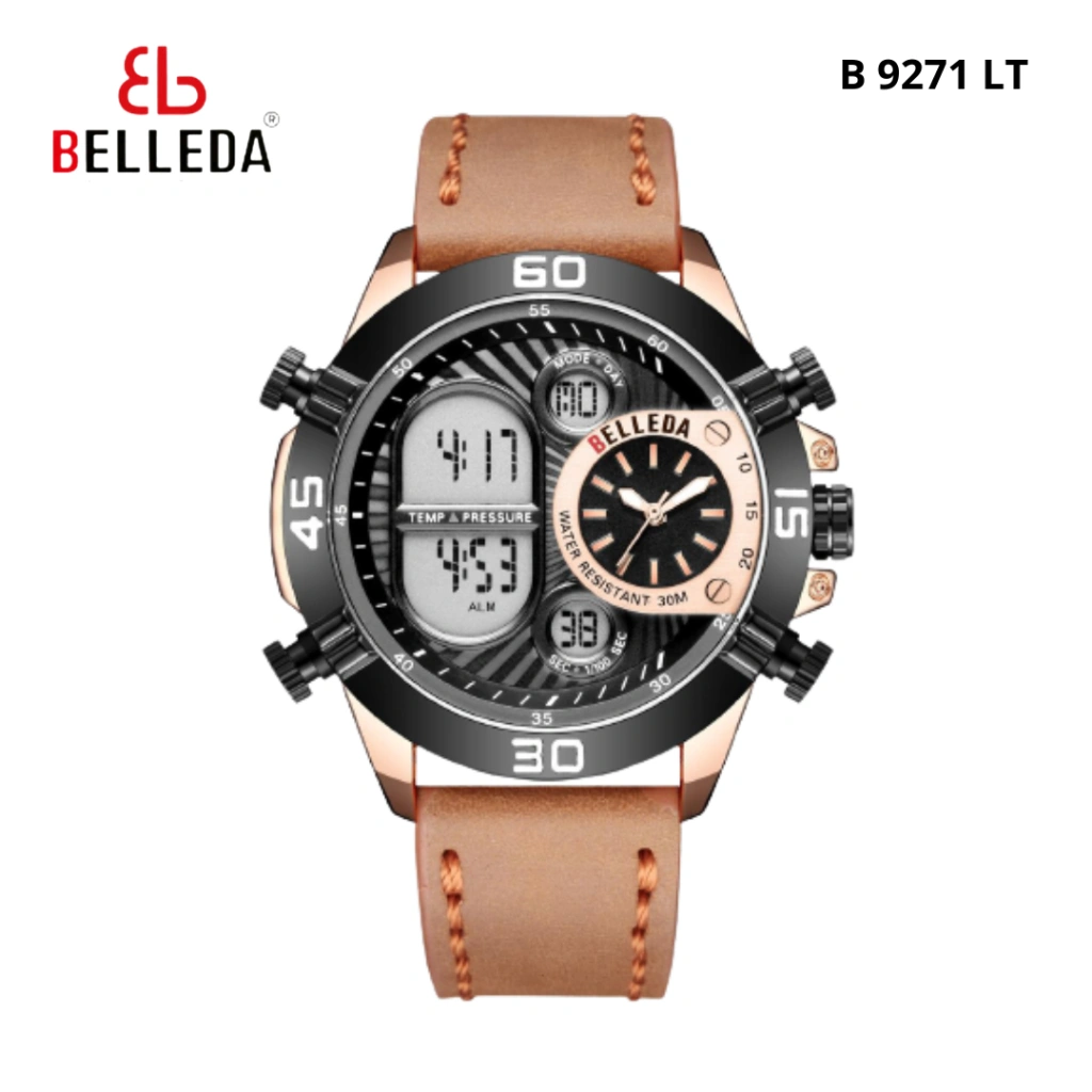 Jam Tangan Pria Belleda 9271 Quartz Digital Analog Kulit Water Resistance 30 Meter Man Watches