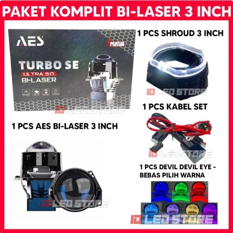 PAKET KOMPLIT BILED AES Turbo Bi-Laser Tir Laser Technology 75 WATT 3 INCH BLUE LENS SATUAN
