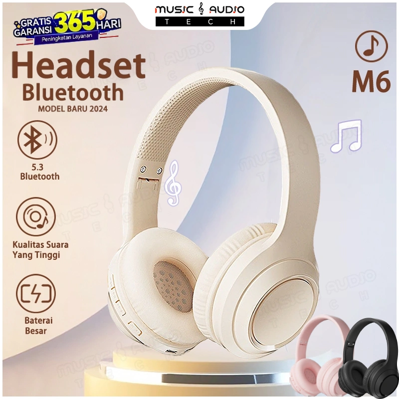 【Garansi 12 Bulan】M6 Headphone Bluetooth, Wireless Gaming Headset, Bluetooth 5.3, HiFi Sound, Wired Dual Mode, Stereo Bass, AUX 3.5mm, Noise Proof, dengan Mic - Kualitas Terbaik!