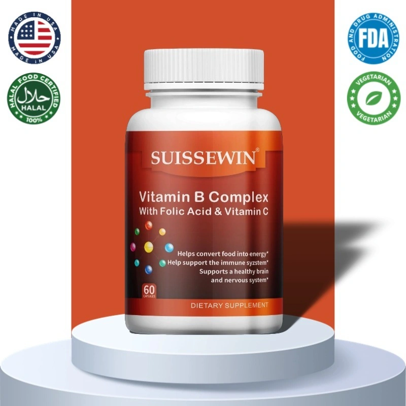 Vitamin B kompleks, vitamin B1 B2 B3 B6 B12, meningkatkan energi dan kekebalan sel, vitamin suplemen, mengandung asam folat, 60 kapsul