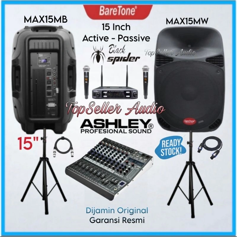 Paket Sound System BareTone 15 Inch ( Active & Passive ) Mixer Ashley 8 Channel 2 Mic Wireless Original Komplit garansi resmi 1 tahun