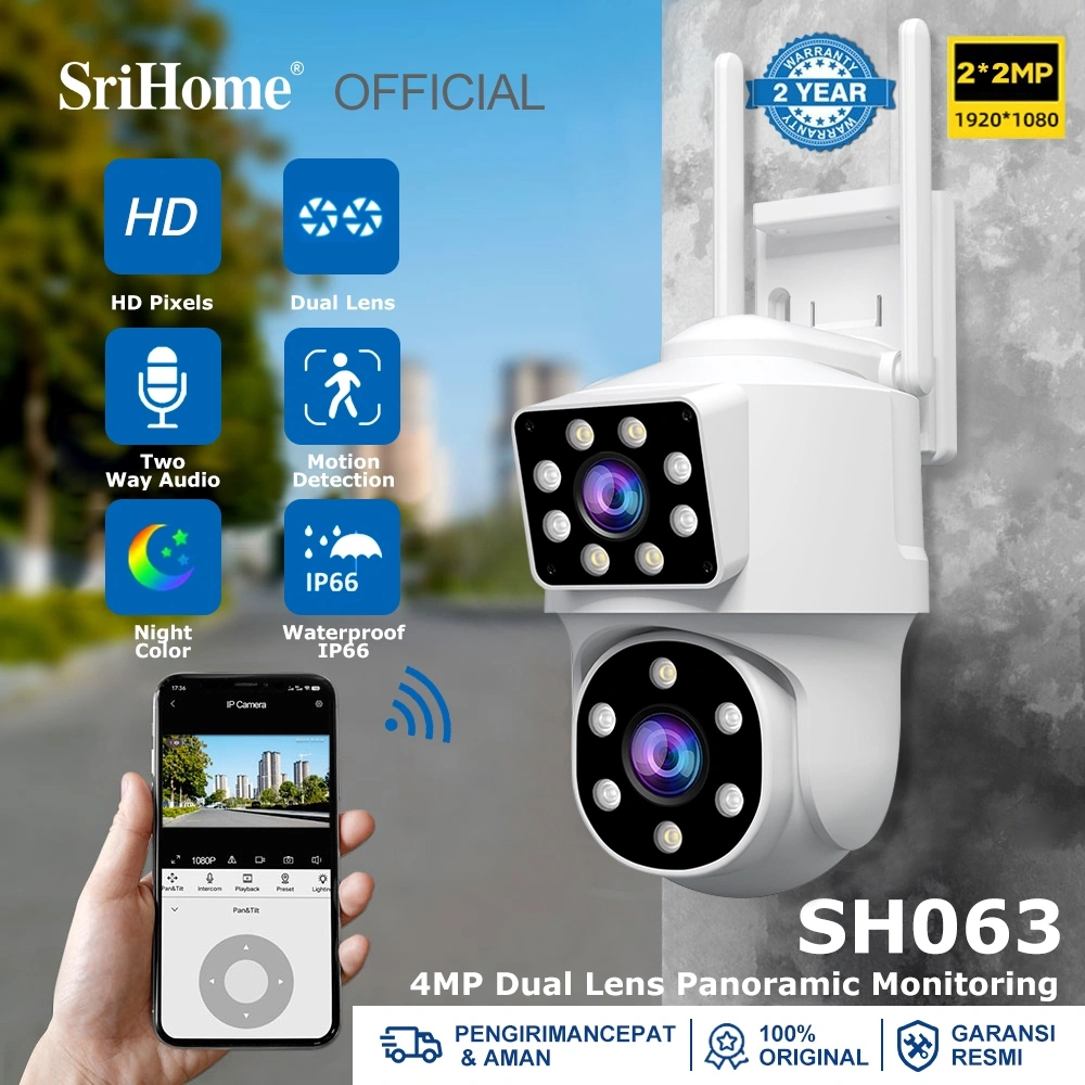 SriHome H063 CCTV Outdoor WiFi 2*2MP FHD Dual Lens Waterproof IP66 IP Camera 360° PTZ Kamera Audio Dua Arah HP Jarak Jauh Garansi 2 Tahun