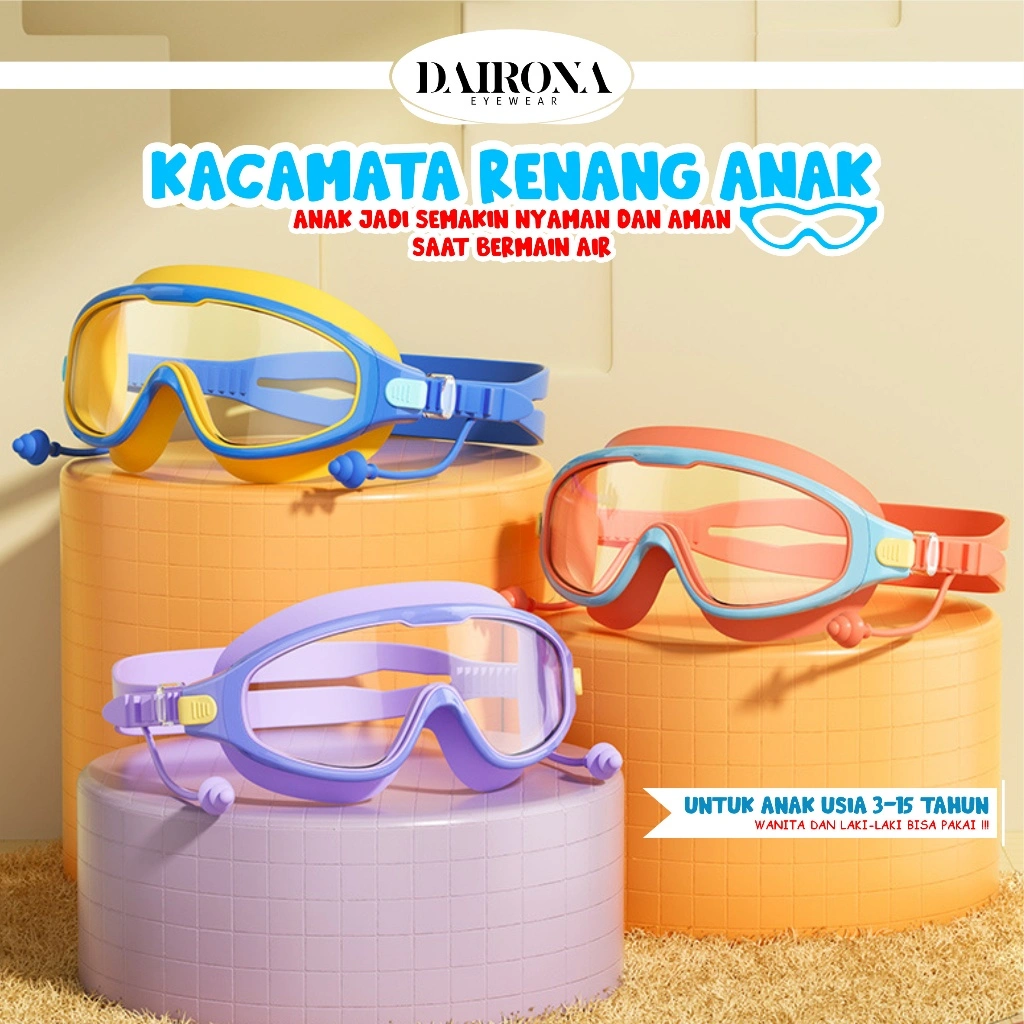 Dairona Eyewear Kacamata Renang Anak & Remaja Swimming Goggles Anti Embun HD Colorfull TR90+Silicone Ear Plug Terintegrasi Anak CF031