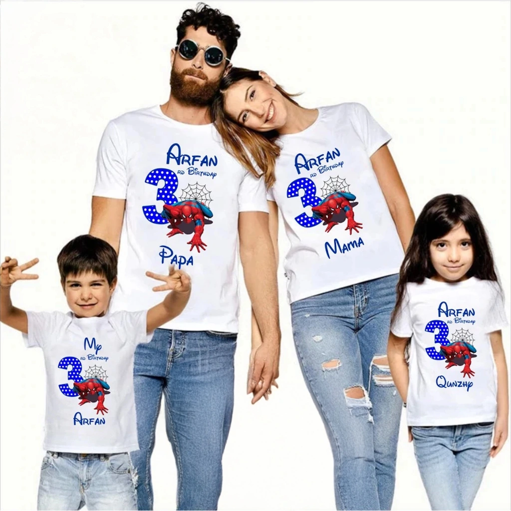 HERLIN COLLECTION_kaos birthday couple keluarga SPIDERMAN ANGKA ULTAH BIRU_FREE Custom Angka dan Nama Anak