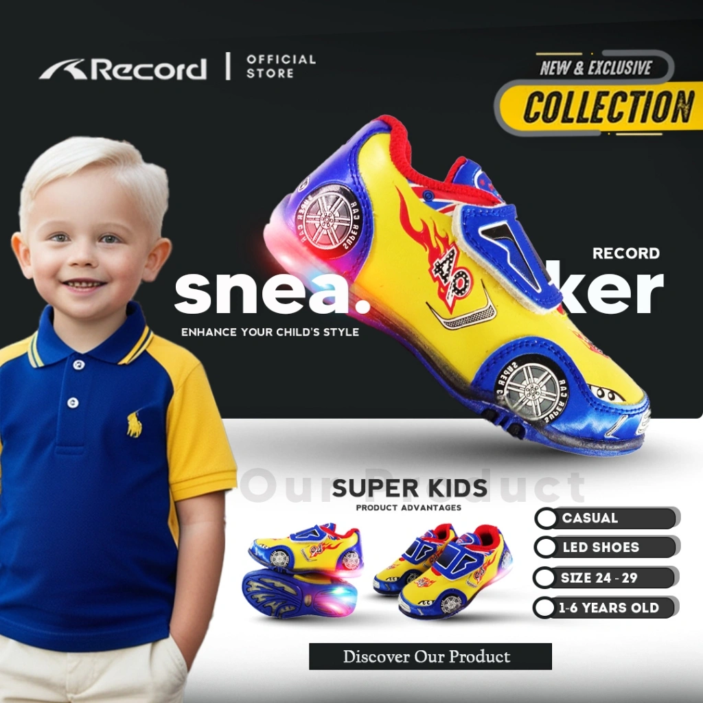 [RECORD SHOES] SMART KIDS 09 I Sepatu Lampu Anak I Sepatu Karakter Mobil