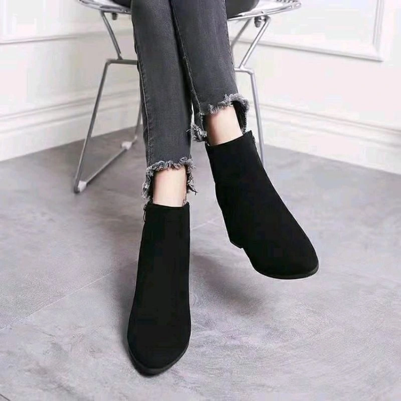 Sepatu Ankle Boots Heels Chunky Zipper Wanita Korea Hak Sedang S132