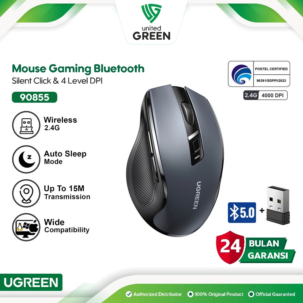 UGREEN Mouse Gaming Ergonomic Dual Mode Wireless Bluetooth Mouse Black 2.4G Silent Click 90855