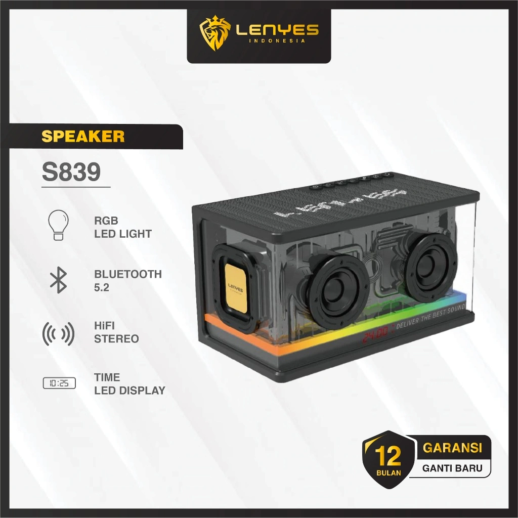 LENYES S839 80W Wireless Speaker Bluetooth 5.2 Transparan RGB Colorfull LED Light Portable TWS Jam Display Digital