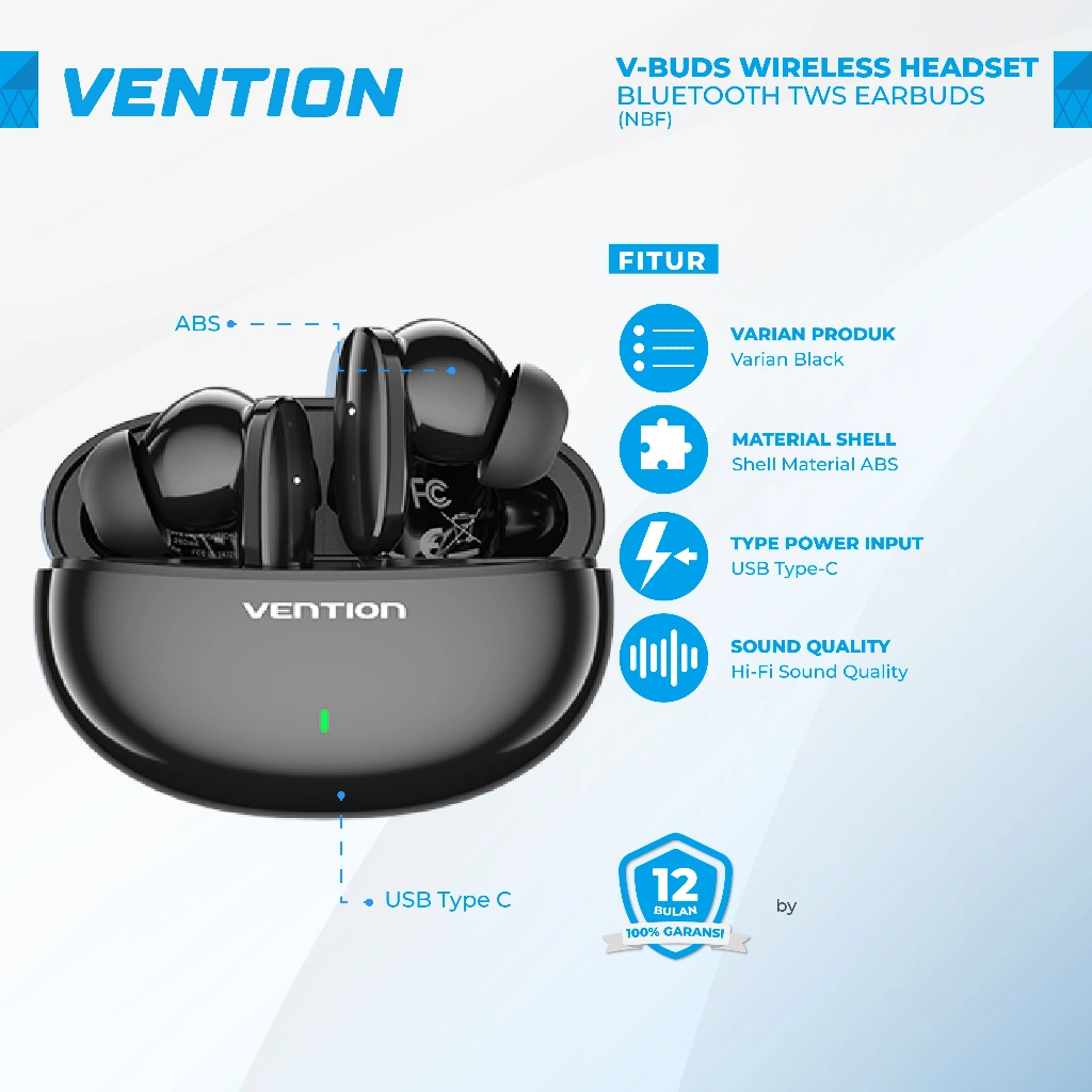 Vention Headset Bluetooth TWS Wireless Earphone Hi-Fi Stereo