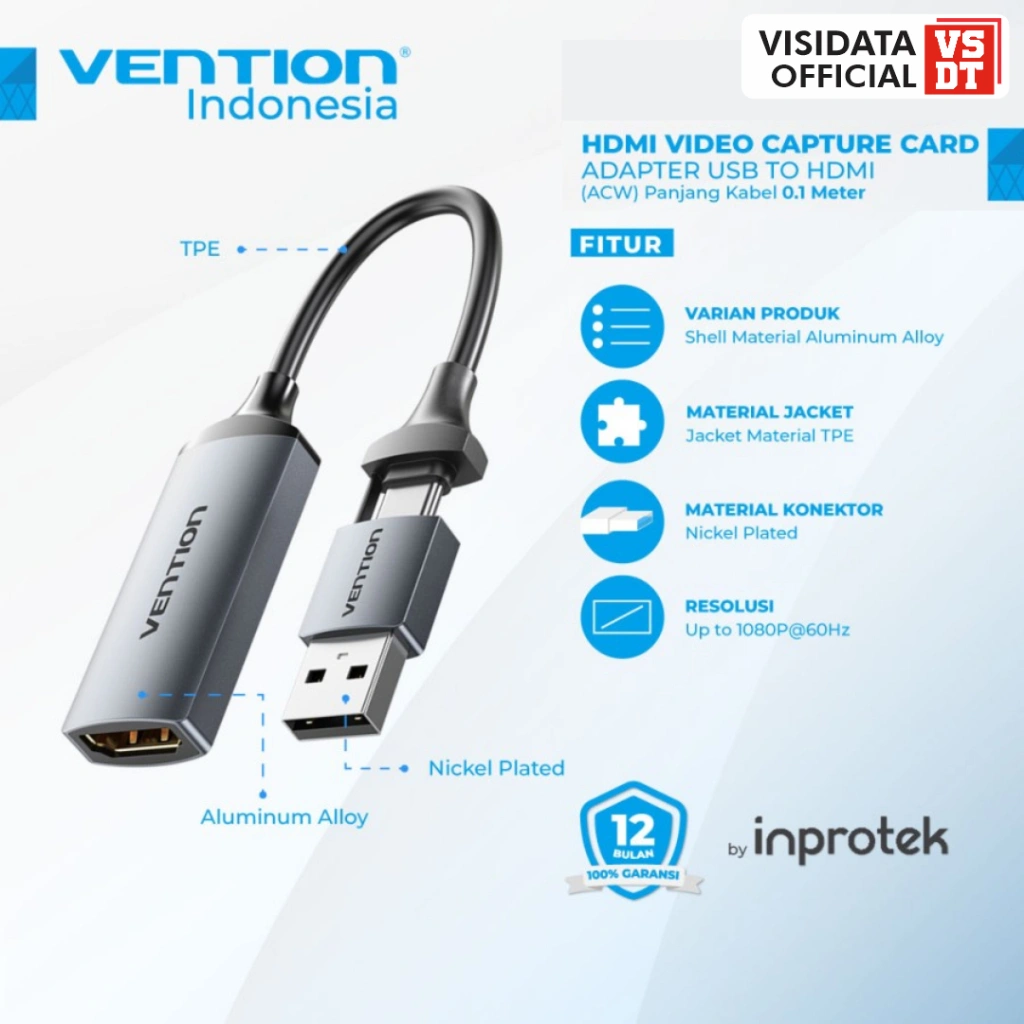 Vention Video Capture Card USB A / USB C to HDMI Game Capture for Streaming - Garansi Resmi