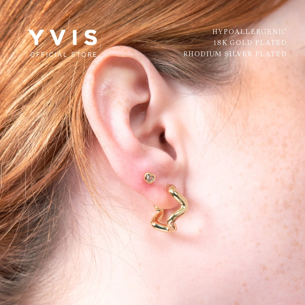 YVIS Noodle Hoop Earrings | 18K Gold Plated Hypoallergenic - Anting Wanita - Rhodium Plated