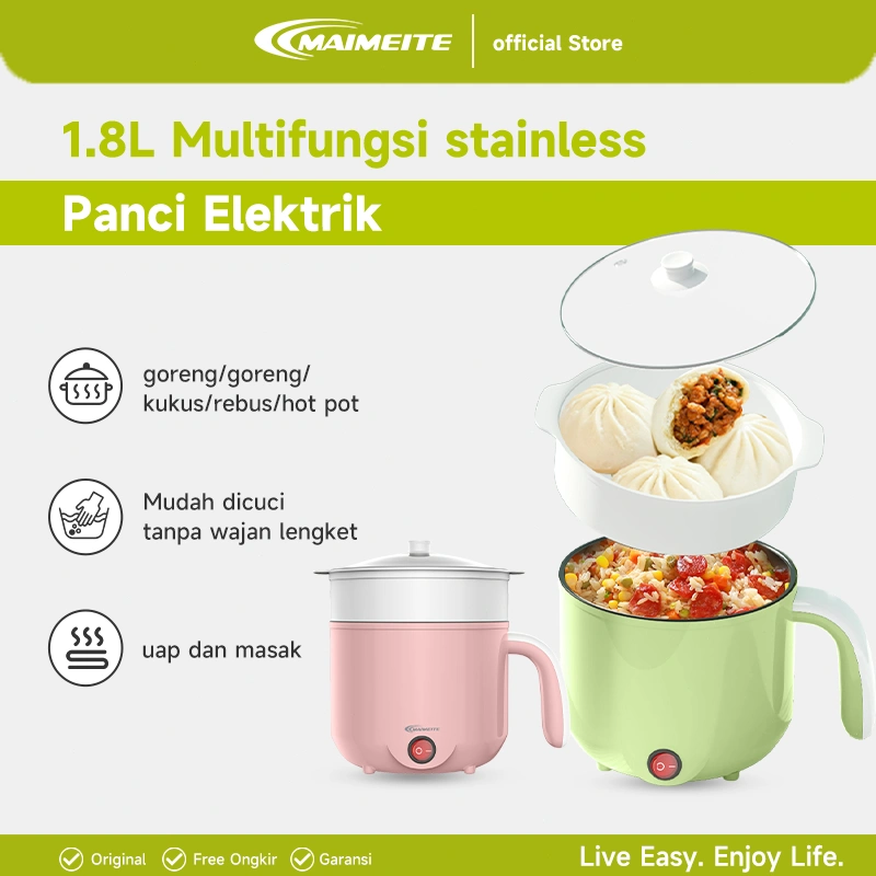 MAIMEITE Panci Listrik Serbaguna 1.8L multifungsi stainless Panci Elektrik non-stick