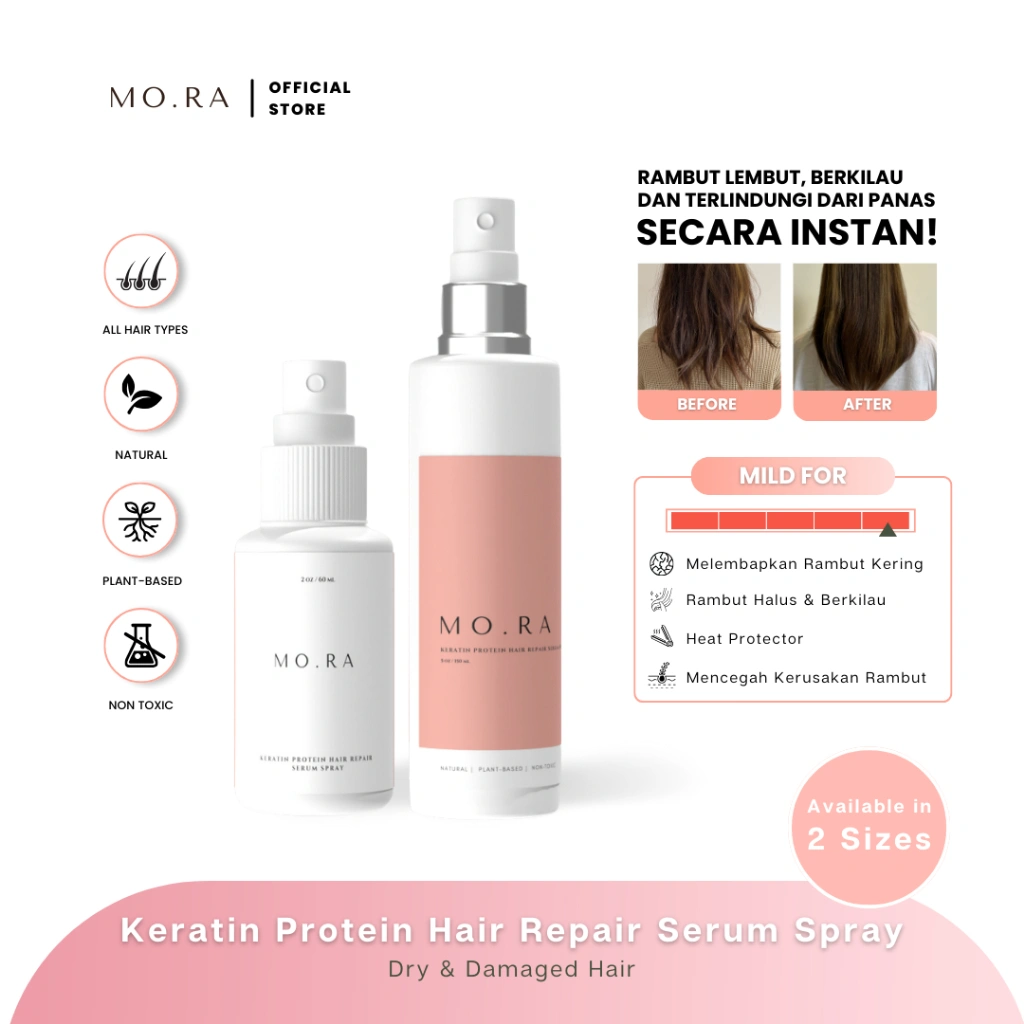 (MO.RA / MORA) KERATIN PROTEIN HAIR REPAIR SERUM SPRAY / LEAVE IN CONDITIONER SPRAY / HAIR MIST /SERUM RAMBUT / HEAT PROTECTAN / KERING / KUSUT & KUSAM / SULIT DIATUR / RUSAK / MO RA ESSENTIALS / MO.RA / MO.RA HAIR OIL / MORA OFFICIAL STORE