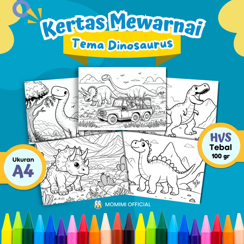 KERTAS MEWARNAI ANAK TEMA DINOSAURUS / KERTAS GAMBAR MEWARNAI UNTUK ANAK PAUD TK SD - A4 TEBAL 100gr