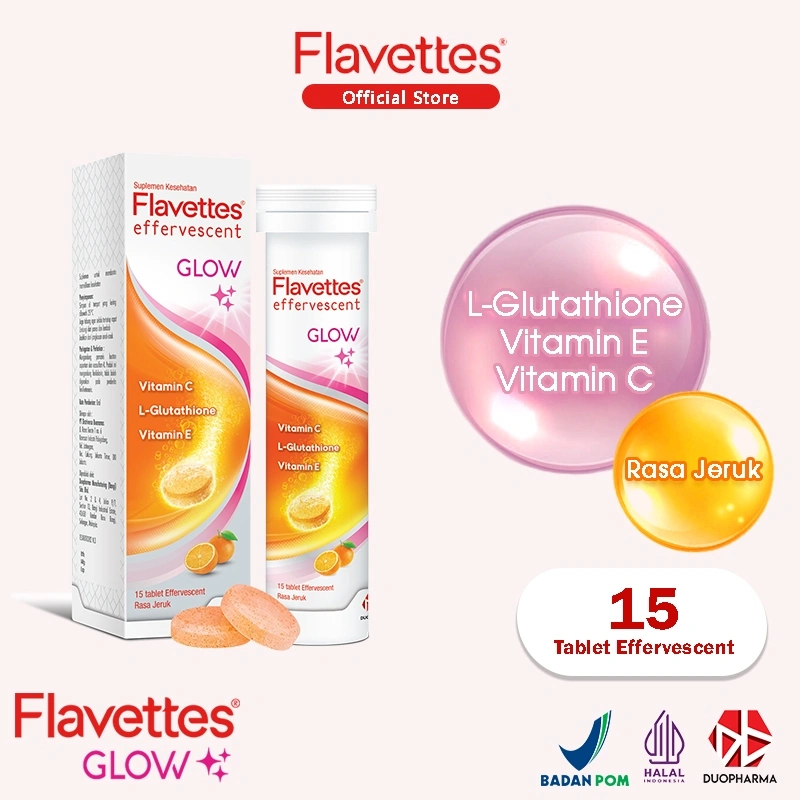 FLAVETTES Glow (15's) Suplemen Minuman Kecantikan dengan L-Gluthathione, Vitamin C, Vitamin E, Membantu Melembapkan dan Mencerahkan Kulit