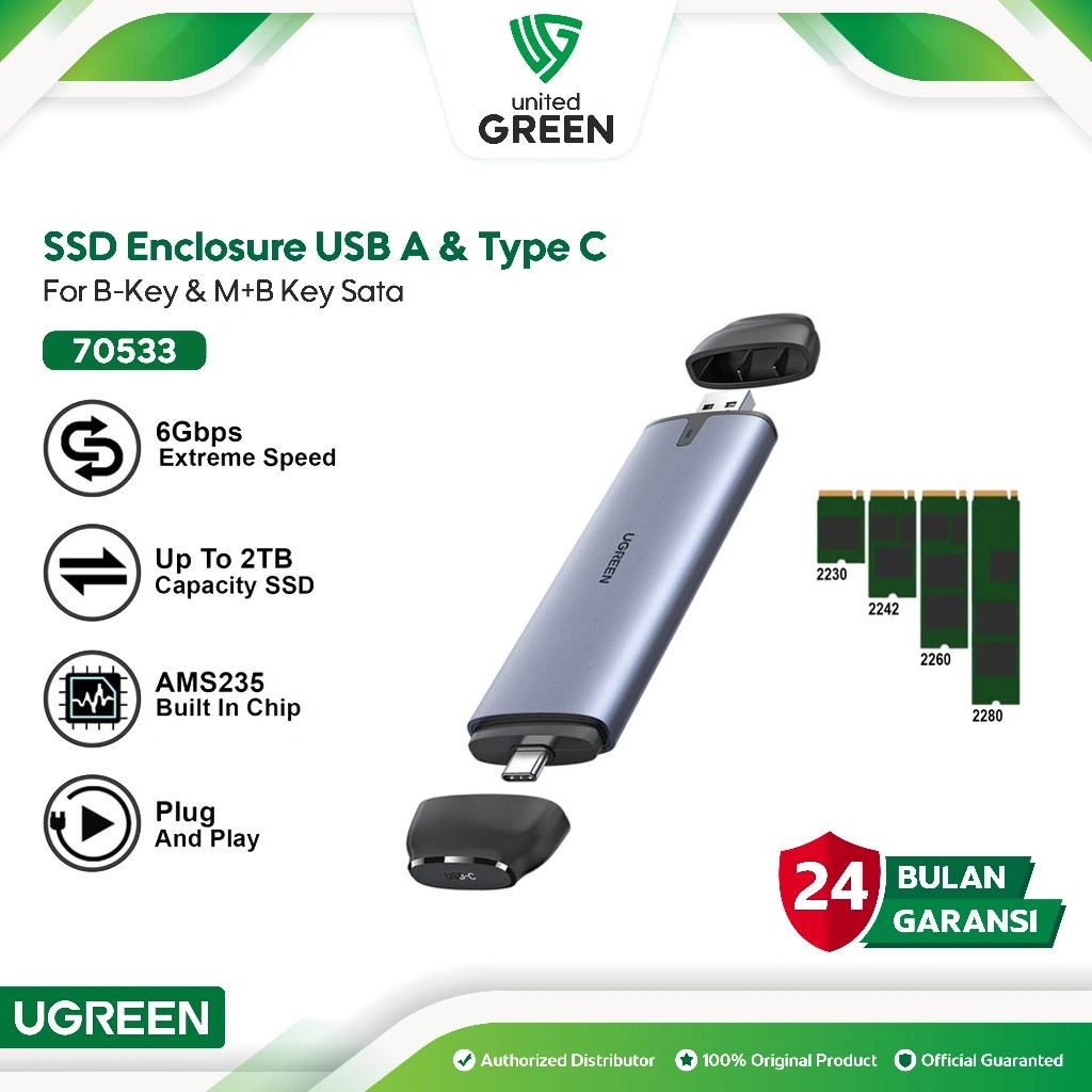 UGREEN SSD Enclosure M.2 Sata NGFF USB C 3.1 High Speed up to 6Gbps 70533