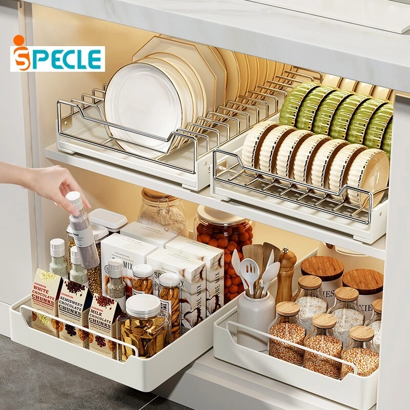 iSPECLE 304 Stainless Steel Rak Piring Tarik Keluar Rak Bumbu Penyimpanan Rak Piring Rak Dapur Serbaguna Untuk Lemari