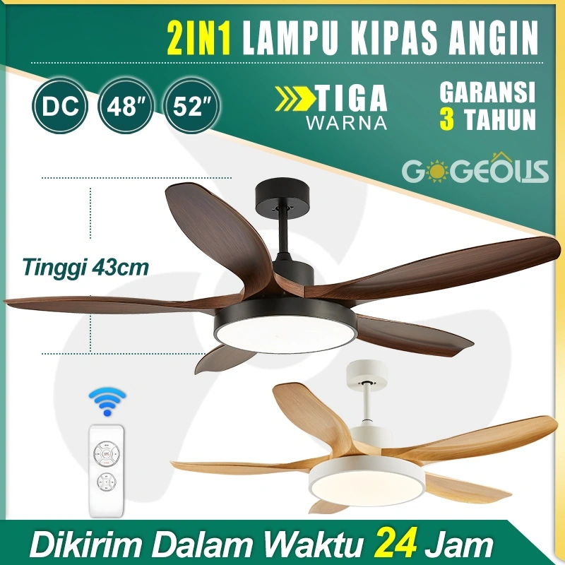GOGEOUS Lampu Kipas Angin Gantung Gaya Retro Besar 52Inci Remote 6Kecepatan 3Warna Lampu Kipas Angin
