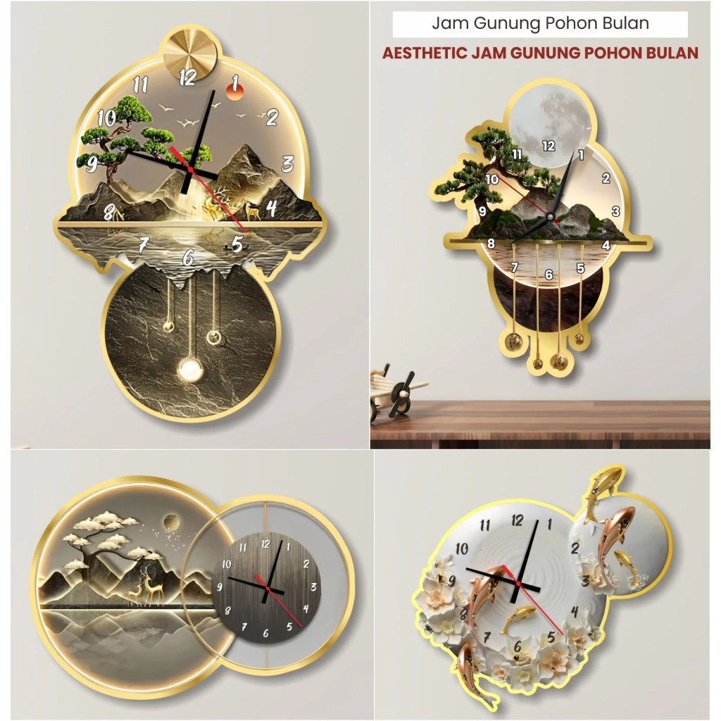 Jam Dinding Aesthetic Lampu Karakter POHON GUNUNG GOLD Dekorasi Ruang Tamu Kamar Tidur