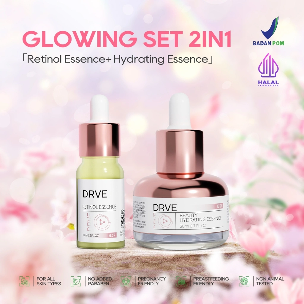 Drve 2 Whitening Set Bundle 2 (Retinol Essence+ Hydrating Essence) Retinol Niacinamide Menyamarkan Garis Halus Meratakan Warna Kulit Merawat Kulit Berjerawat brightening serum serum mencerahkan wajah