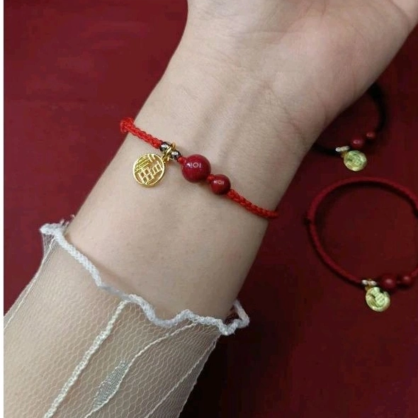 Gelang Charm Fu Batu pasir Merah Desain Tarik Simpul Kepang HSFU lucky bracelet Adjustable