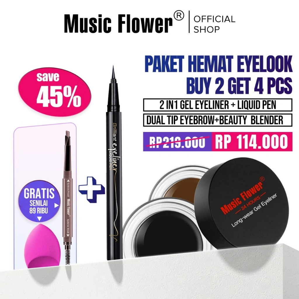 [BUNDLE] MUSIC FLOWER Paket Eye Make Up Set Eyebrow Eyeliner Gel + Eyeliner Liquid Pen