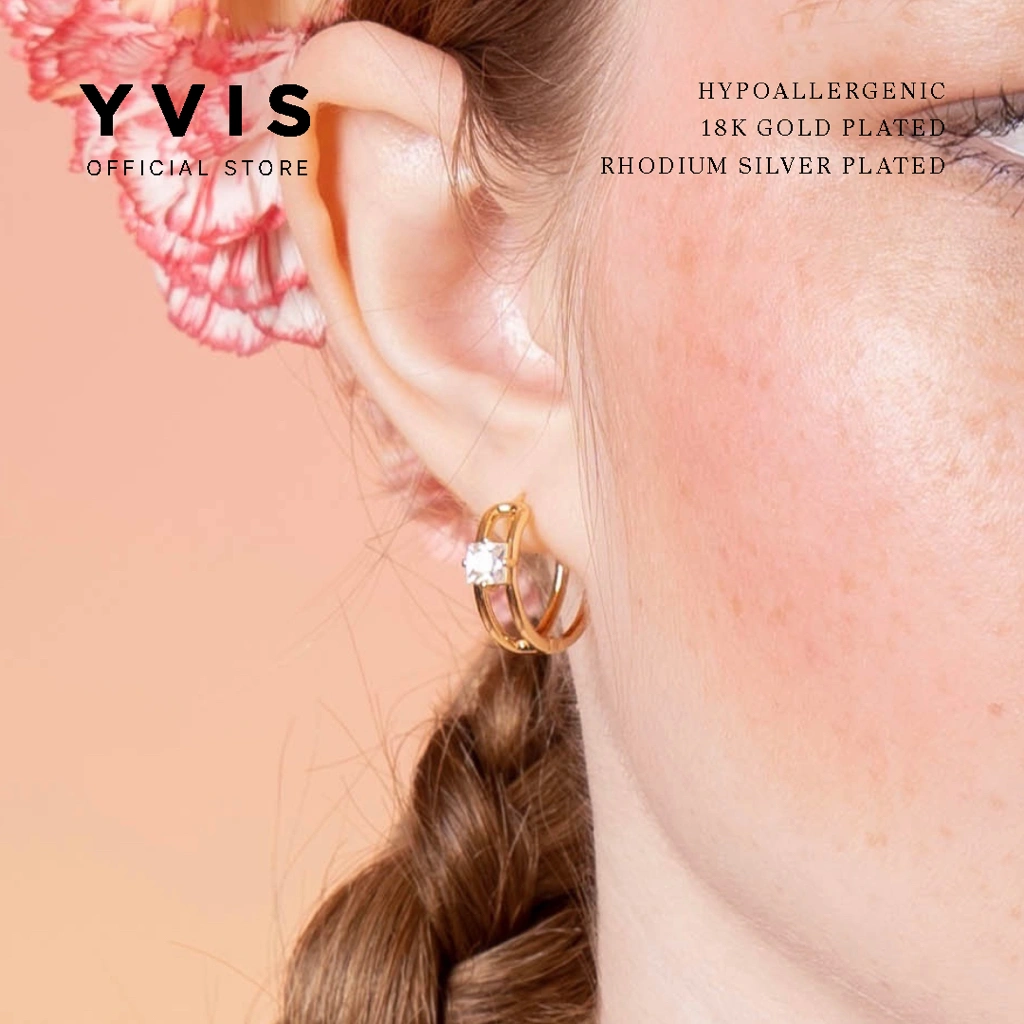 YVIS Polly Gem Hoop Earrings | 18K Gold Plated Hypoallergenic - Anting Wanita - Rhodium Plated