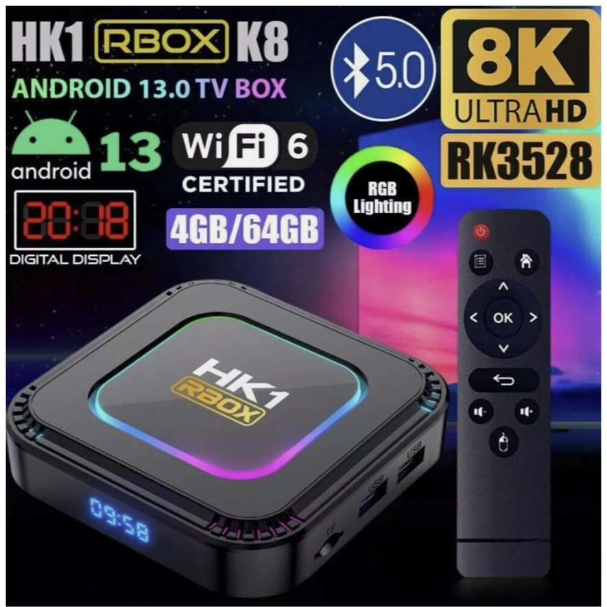 < SMARTCOM > Smart TV BOX HK1 RBOX K8 Android 13 Ram 4GB Rom 64GB Unlock Android Tv Box