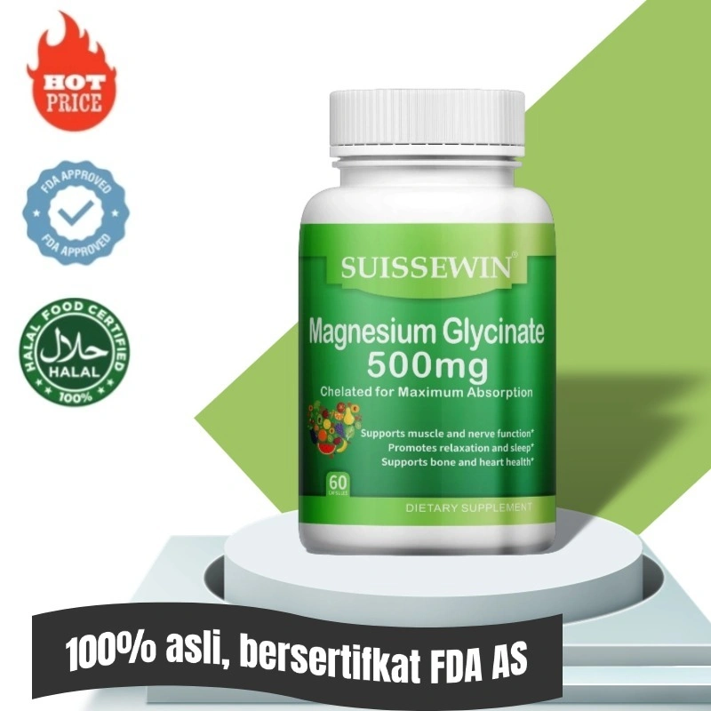Magnesium glisinat 500mg, membantu tidur, menenangkan mood, meningkatkan kualitas tidur, meredakan kram kaki, penyakit jantung, melemaskan otot, 60 kapsul