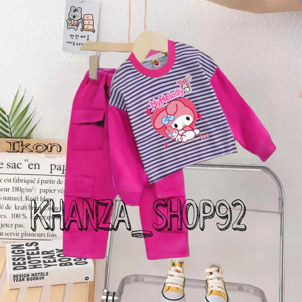 Setelan Terbaru Motif Salur Melody dan Celana Cargo Panjang Anak Perempuan Untuk Usia 3-12 Tahun