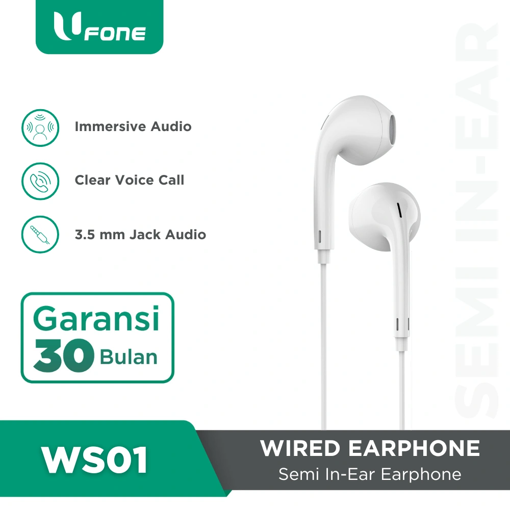 Ufone WS01 Wired Earphone Jack 3.5mm Audio Semi In-Ear Headset Kabel Built-in Microphone Garansi 30 Bulan