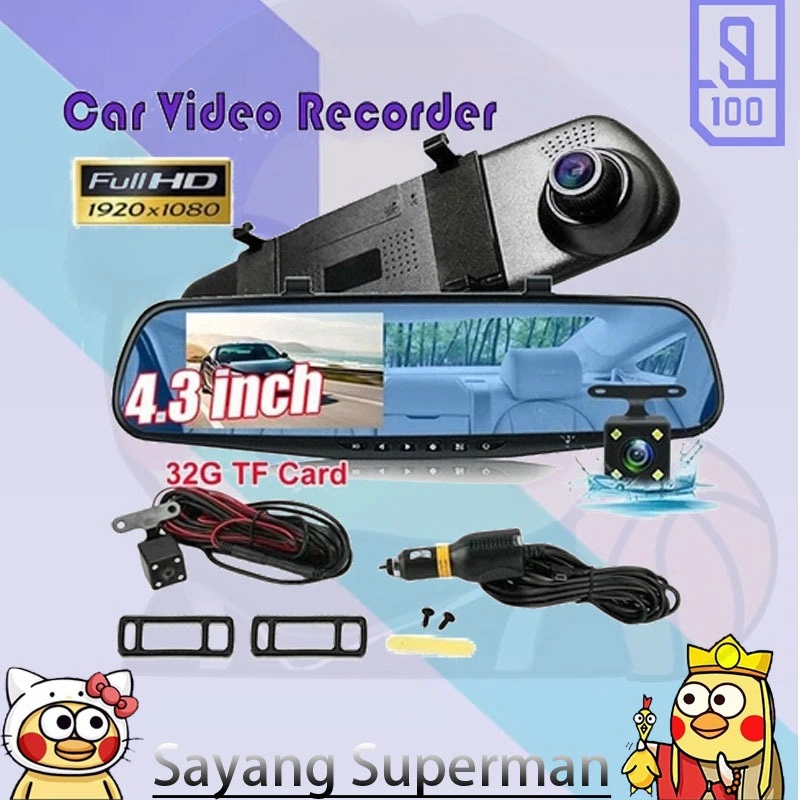 Sayang Superman-Dash Cam Car DVR Camera 4.3 Inch Resolusi Touch Screen Rearview Mirror Full HD 1080P Night Vision Stream Media Dual Lens Car Camera Spion 170° Wide Loop Recording