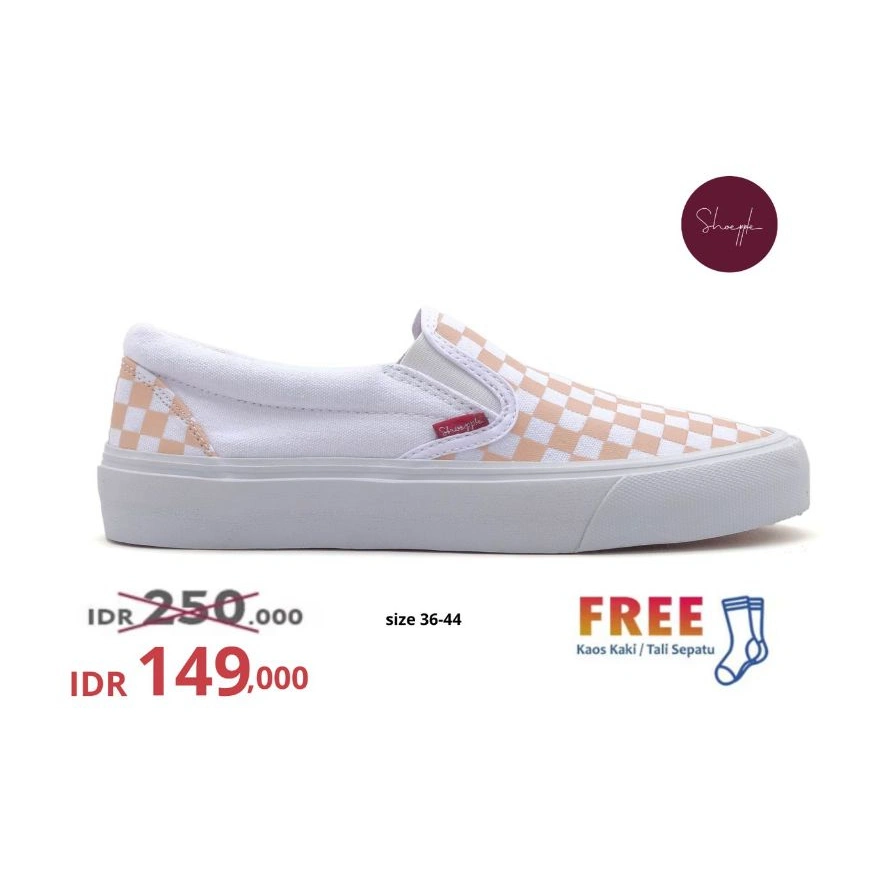 SHOEPPLE HASEPSUT Kuta Sepatu Sneakers Unisex | WHITE PEACH Checkerboards | Slip On Vulcanized | Sneakers