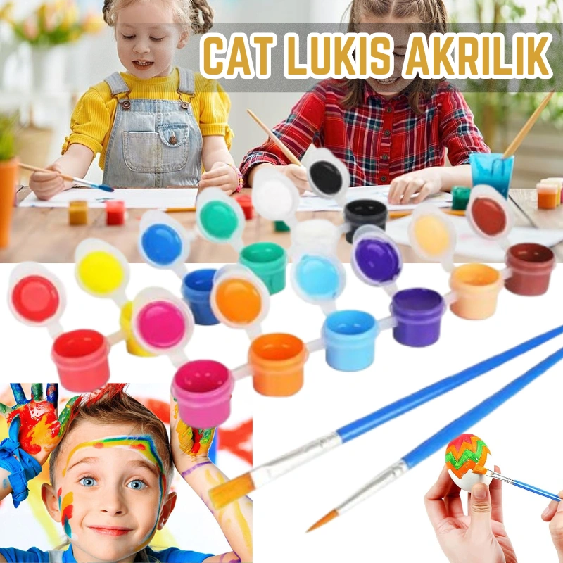 Set Cat Lukis Akrilik Mini Ukuran 3Ml isi 6 12 Warna Terang Free Kuas Washabel Mudah Dibersihkan