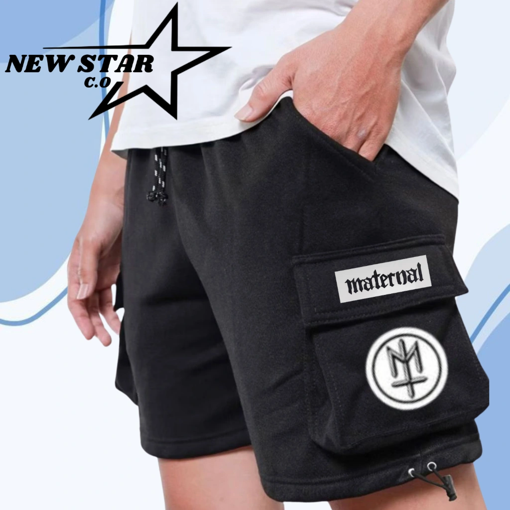 Celana Pendek Cargo Pria Distro Dewasa Bahan Fleece Adem Murah Warna hitam terbaru 2024 Sablon Maternal Ston Islan Ukuran M-XXL Cod