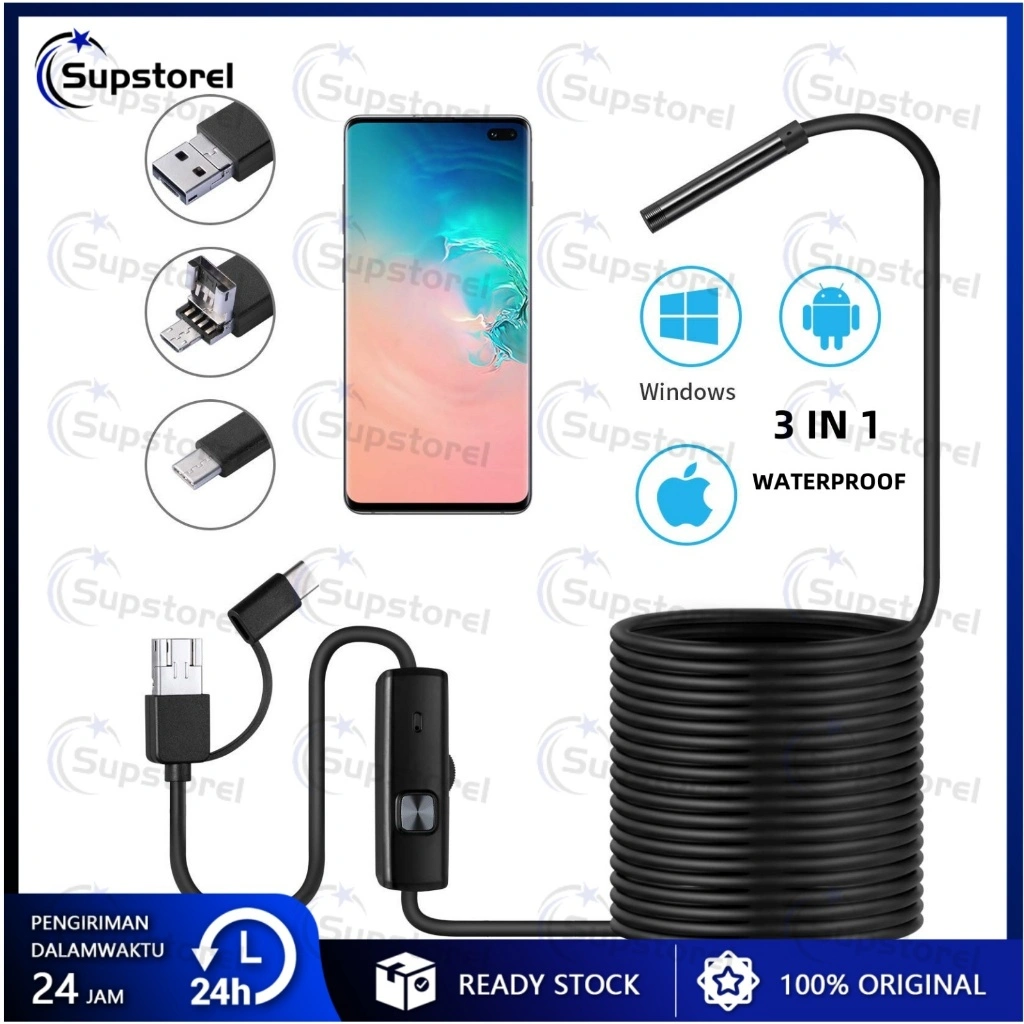 Endoscope 3-in-1 Kamera HD Tahan Air Industri 2 Meter 5 Meter Mini Kamera Waterproof