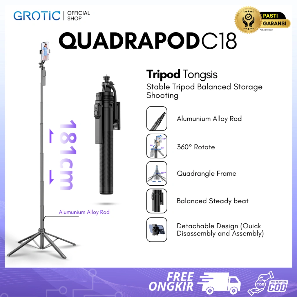 GROTIC Tripod HP Tongsis Portable Kaki Empat 180 cm Dengan Bluetooth Remote Dan Balancing Handle C18