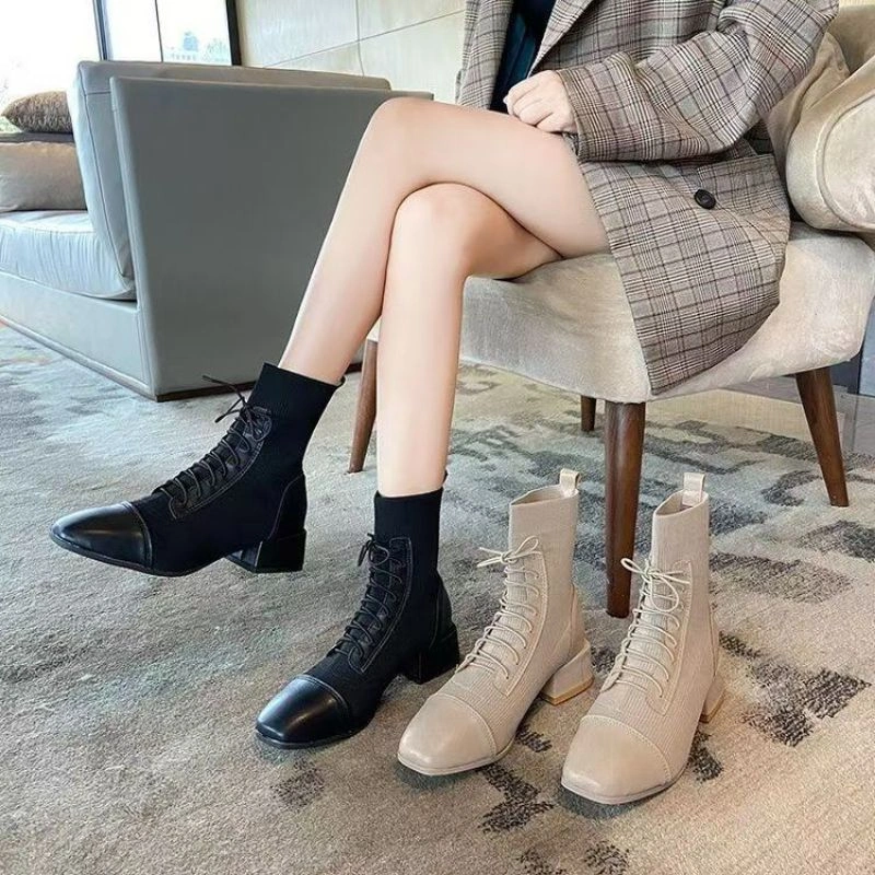 Sepatu Boots Wanita Kekinian Model Ankle Boots Rajut Korea Dengan Tali Panjang Stylish B10