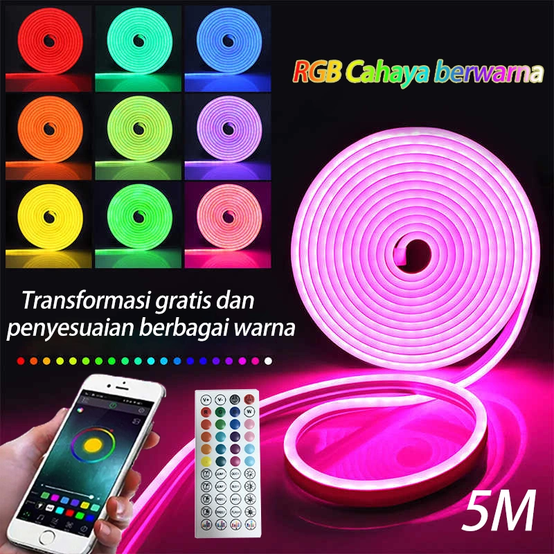 Paket Lampu LED Neon Flex Running 220V Lampu LED Strip Dekorasi Ruang Kamar Tidur DIY Letter 5M RGB Bluetooth Kendali Jarak Jauh IP67 WATERPROOF