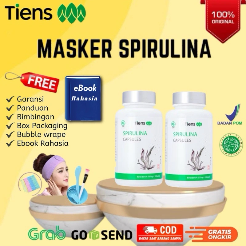 Spirulina Tiens 100 Kapsul - Original - Masker wajah -Tianshi - Nutrisi - Kecantikan - atasi jerawat