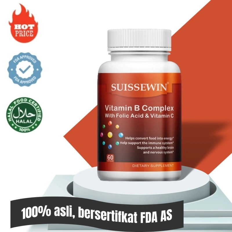 Vitamin B kompleks, meningkatkan energi dan kekebalan sel, vitamin suplemen, mengandung asam folat, vitamin B1 B2 B3 B6 B12, 60 kapsul