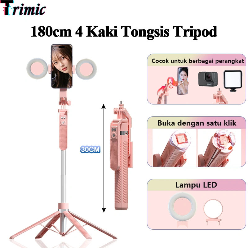 Trimic 180cm Tongsis Selfie Stick Empat Kaki Tongsis Selfie Stick 7 Tombol Bluetooth Remote Contorl Tongkat Tripod HP Kamera Holder Rotasi 360° Kualitas Tinggi Tongsis Tripod