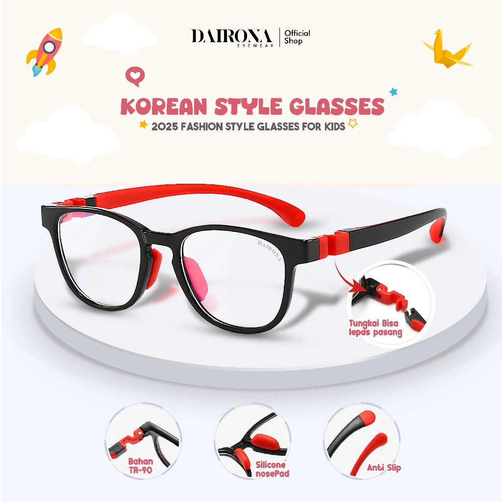 Dairona Eyewear Kacamata Anak Remaja Bisa Minus Lensa Anti Radiasi Anti Blueray Anti Myopia Kids Fashion Pria Wanita Bentuk Kotak Lentur & Ringan TR-90 TRD-06