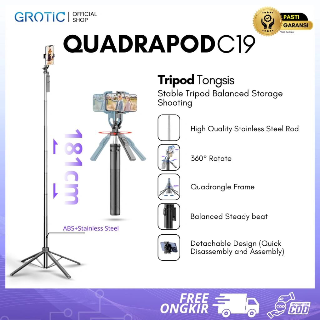 GROTIC Tripod HP Tongsis Portable Kaki Empat 180 cm With Bluetooth Remote And Balancing Handle C19