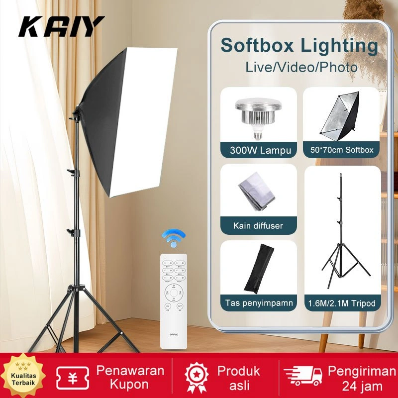 KAIY softbox Lighting 300W Potret Fotografi 50x70cm lampu konten kreator lampu foto 3 suhu warna lampu for Live/Video/Photo
